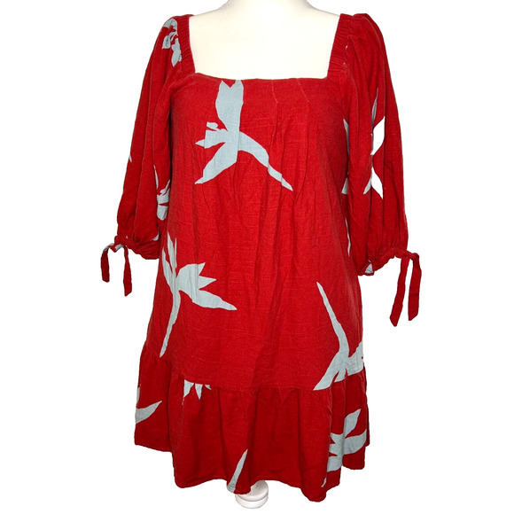 Maria Filo Womens Dress Medium Mini Red Linen Blend Pocket Cottage Floral Beachy - Picture 1 of 8